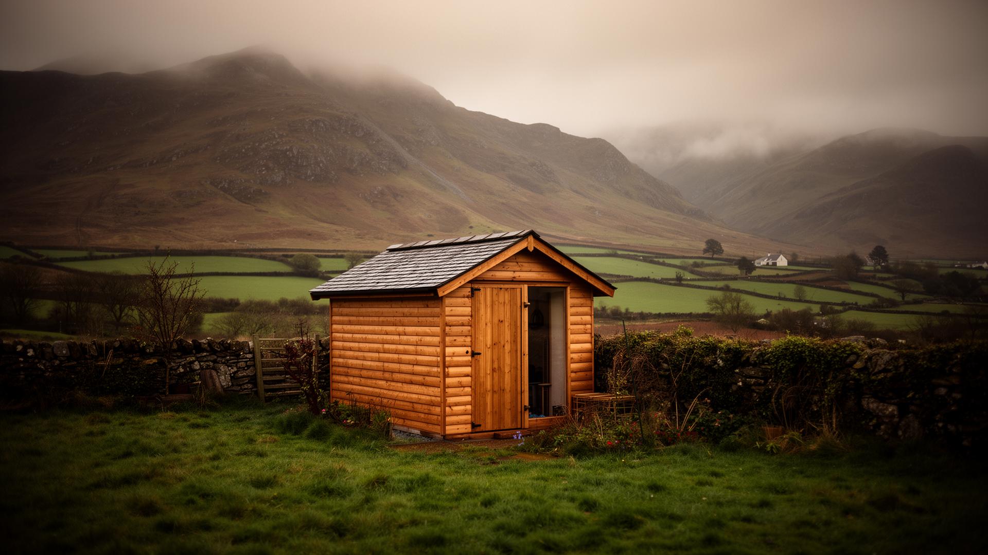 A garden shed set against the mountains of Kerry